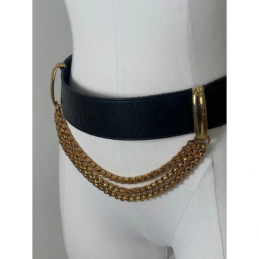 Doncaster Vintage Black Leather Wide Waist Belt Gold Triple Chain Detail USA M
